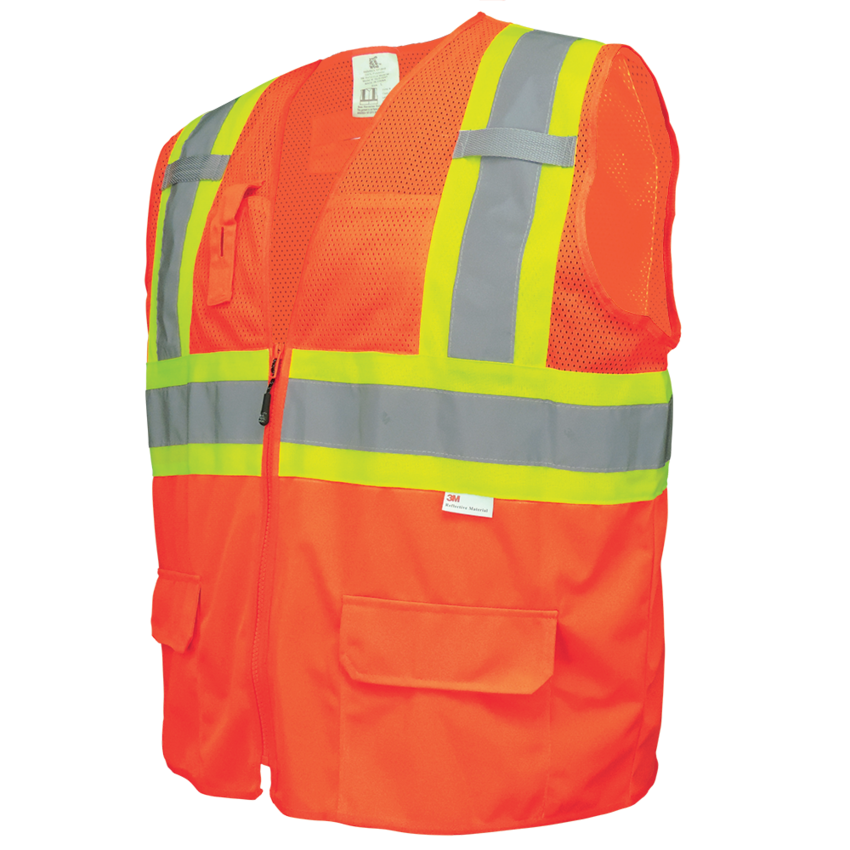 FrogWear® HV Solid and Mesh Polyester High-Visibility Orange Surveyors Safety Vest