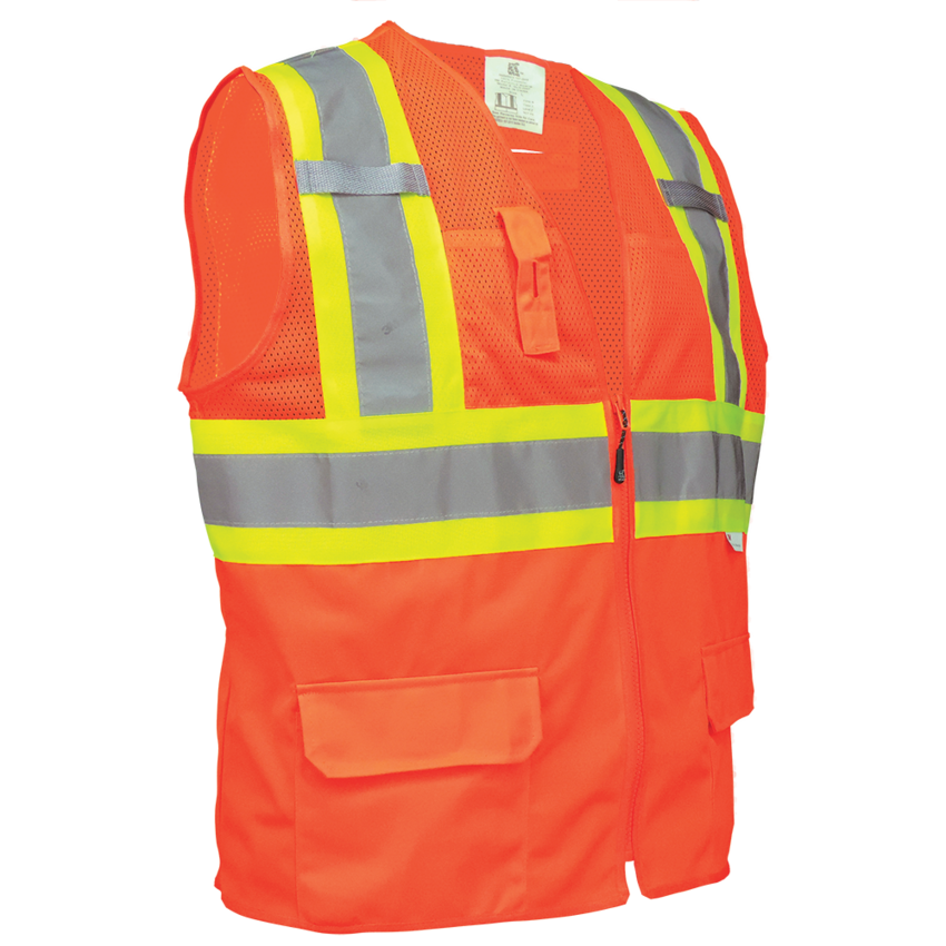 FrogWear® HV Solid and Mesh Polyester High-Visibility Orange Surveyors Safety Vest