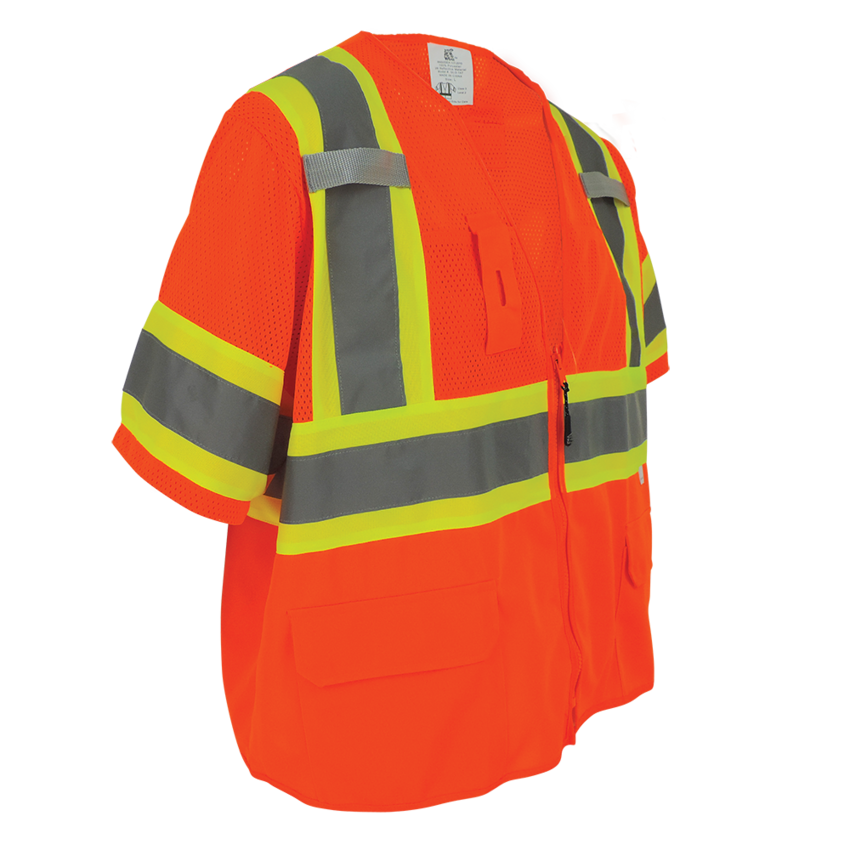 FrogWear® HV Mesh/Solid Polyester High-Visibility Orange Surveyors Safety Vest