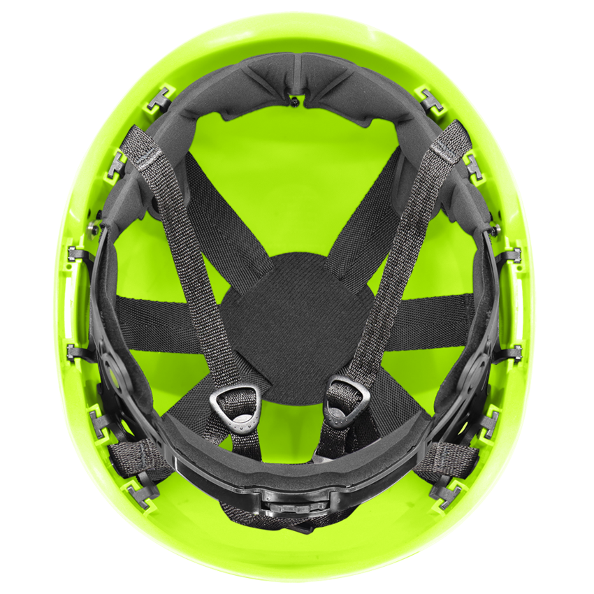 Bullhead Safety™ Head Protection - High-Visibility Yellow/Green Climbing Style Protective Helmet with Six-Point Ratchet Suspension and Four-Point Chin Strap