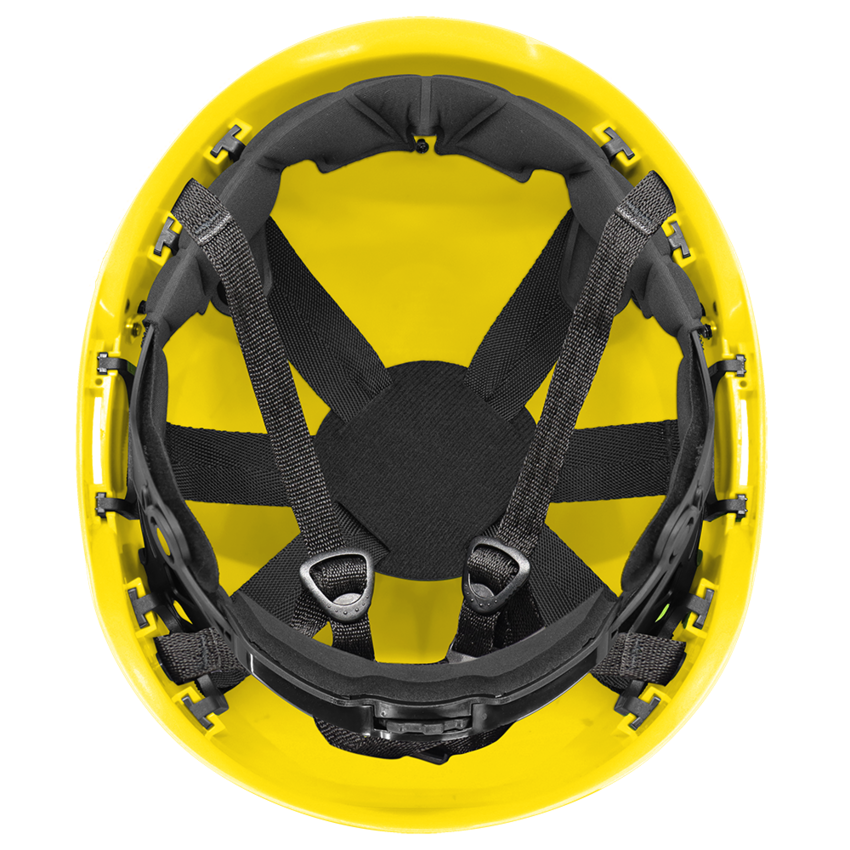 Bullhead Safety™ Head Protection - Yellow Climbing Style Protective Helmet with Six-Point Ratchet Suspension and Four-Point Chin Strap