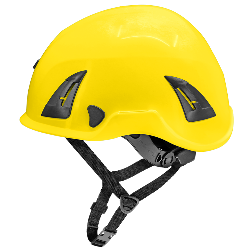 Bullhead Safety™ Head Protection - Yellow Climbing Style Protective Helmet with Six-Point Ratchet Suspension and Four-Point Chin Strap