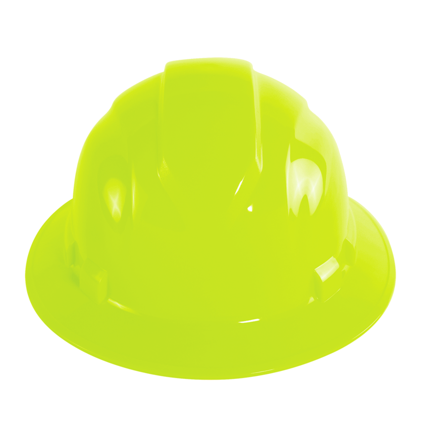 Bullhead Safety™ Head Protection High-Visibility Yellow/Green Unvented Full Brim Style Hard Hat With Six-Point Ratchet Suspension