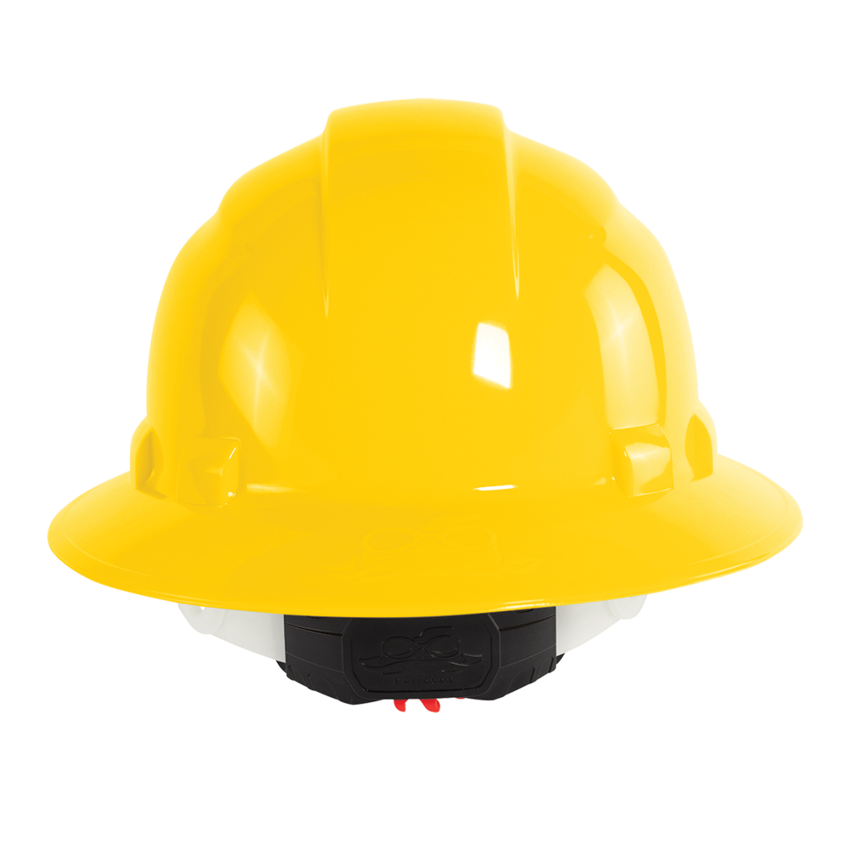 Bullhead Safety™ Head Protection Yellow Unvented Full Brim Style Hard Hat With Six-Point Ratchet Suspension