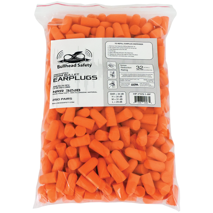 Bullhead Safety® Hearing Protection PVC-Free Polyurethane Foam NRR 32 dB Earplug 250 Pair Refill Pack