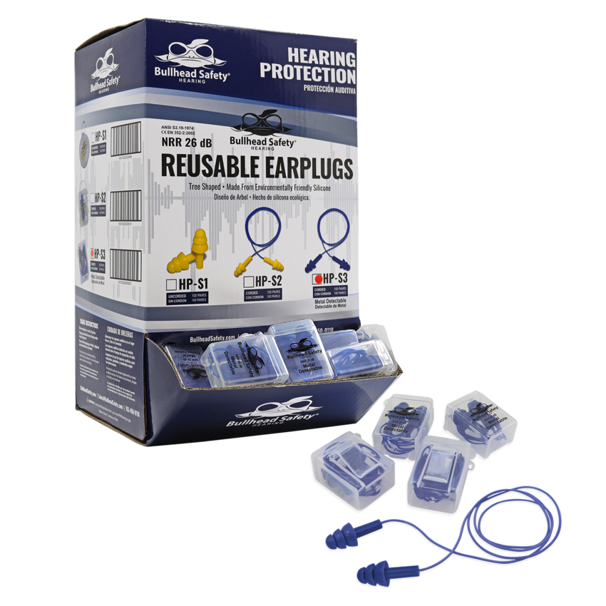 Bullhead Safety® Hearing Protection Corded Metal Detectable Reusable Silicone NRR 26 dB Earplugs