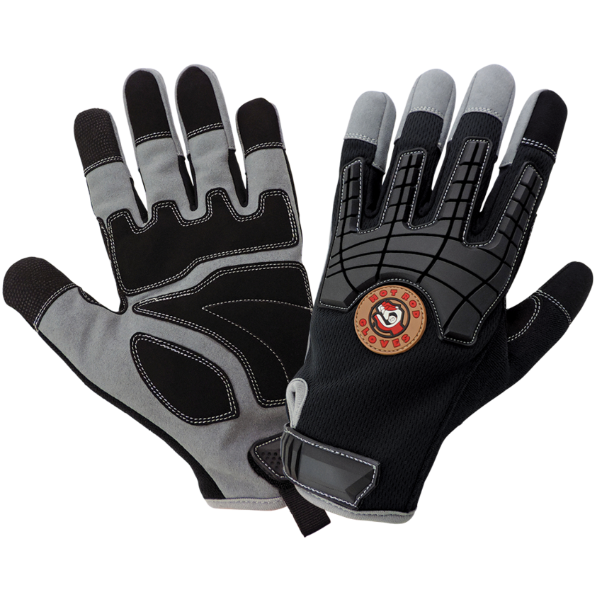 Hot Rod Gloves® Premium Synthetic Leather Palm Performance Mechanics Style Gloves with a Cut Resistant Liner, Impact Protection, and a Mesh Back