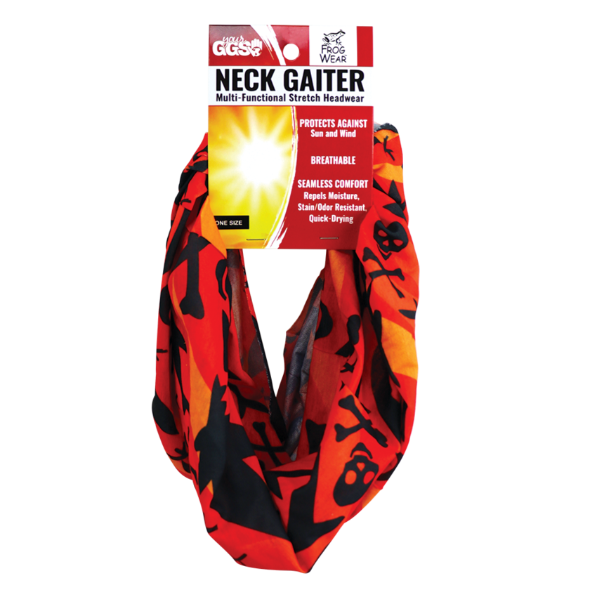 FrogWear™ Multi-Function Neck Gaiter, Orange and Black Shark and Cross Bones Design