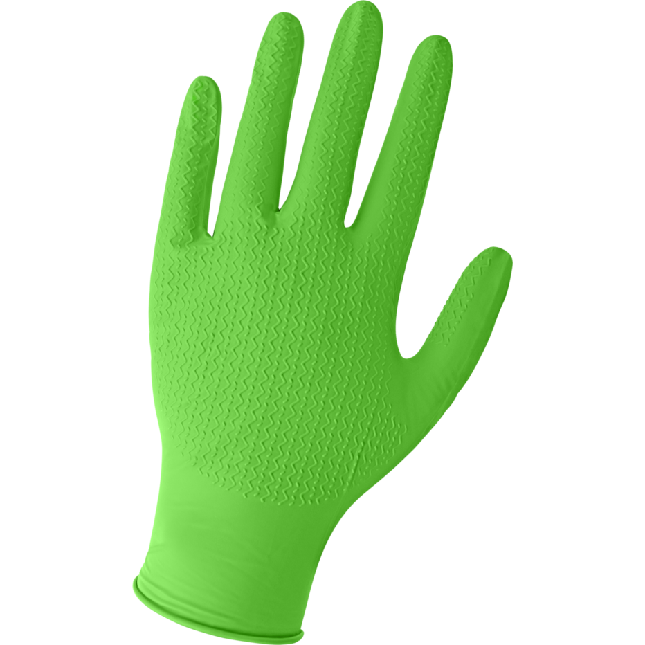 Panther-Guard&reg; Biodegradable Nitrile, Powder-Free, Industrial-Grade, High-Visibility Green, 6-Mil, Unique Wave Pattern, 9.5-Inch Disposable Gloves