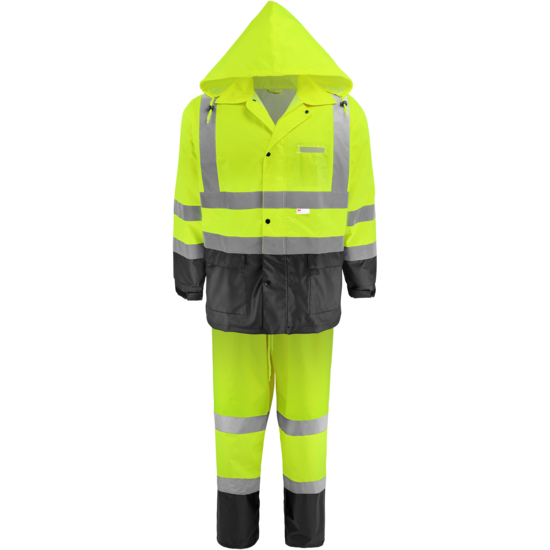 FrogWear&reg; HV High-Visibility Yellow/Green Two-Piece Rain Suit Polyurethane Coated 150D Oxford Polyester
