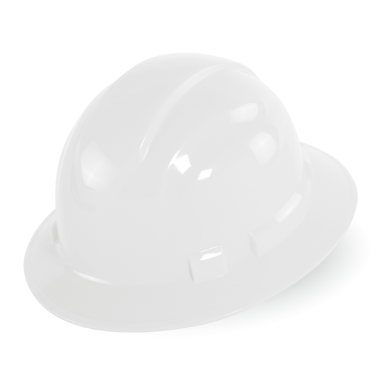 Bullhead Safety™ Head Protection White Unvented Full Brim Style Hard Hat With Six-Point Ratchet Suspension