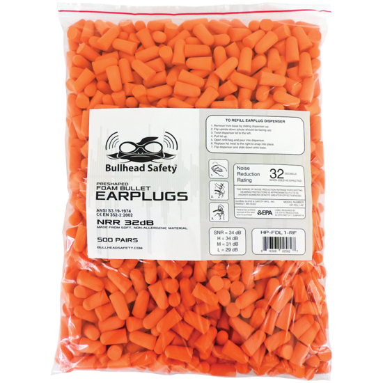 Bullhead Safety® Hearing Protection PVC-Free Polyurethane Foam NRR 32 dB Earplug 500 Pair Refill Pack