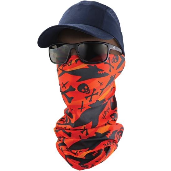 FrogWear™ Multi-Function Neck Gaiter, Orange and Black Shark and Cross Bones Design